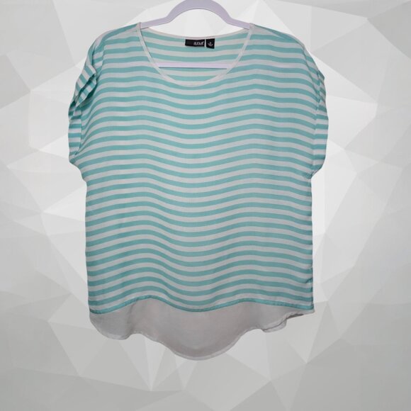 A.N.A A New Approach Women’s Blouse Medium Green White Striped Sheer Layered Hem - Picture 1 of 7